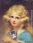 Portrait of a young girl holding a kitten by Edouard Cabane